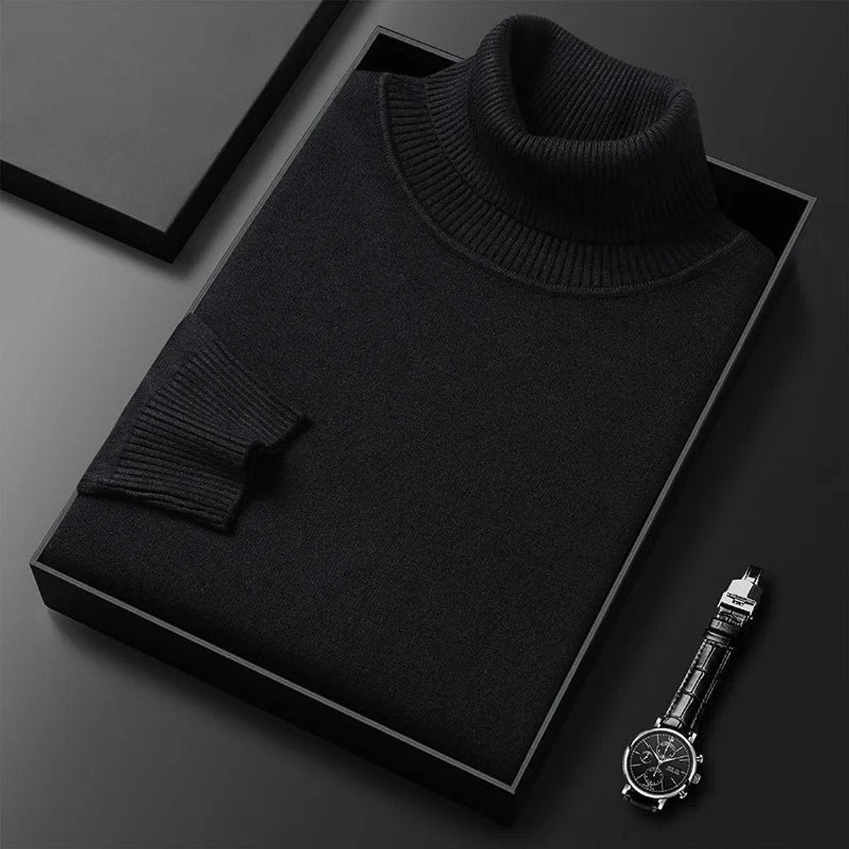 Black knitted turtleneck jumper with ribbed cuffs and leather watch