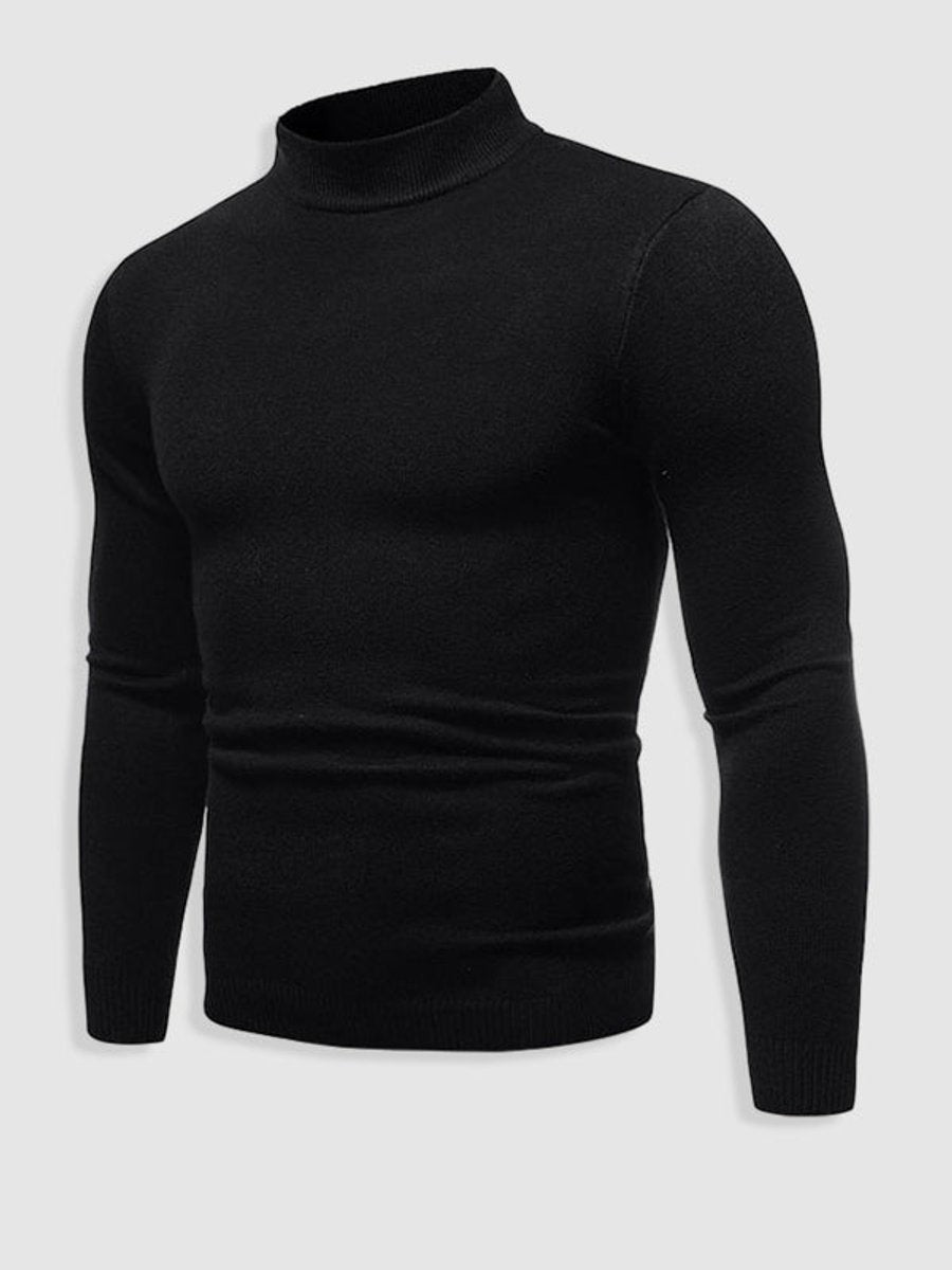 Black slim-fit turtleneck jumper with ribbed collar and long sleeves, front view
