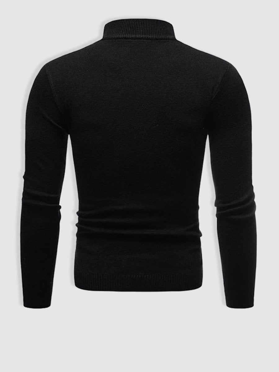 Black knitted turtleneck jumper shown from behind, highlighting ribbed neckline