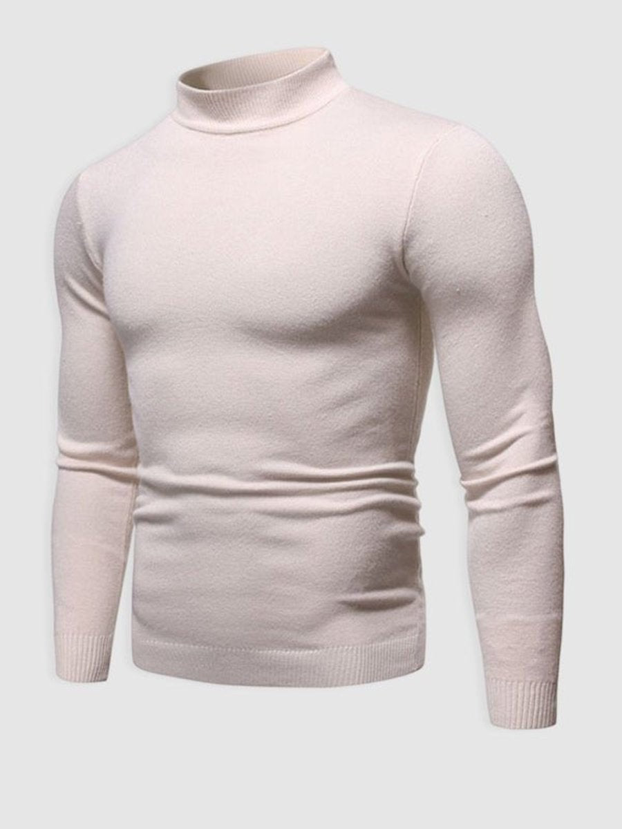 Cream slim-fit turtleneck jumper with ribbed collar, front angled view