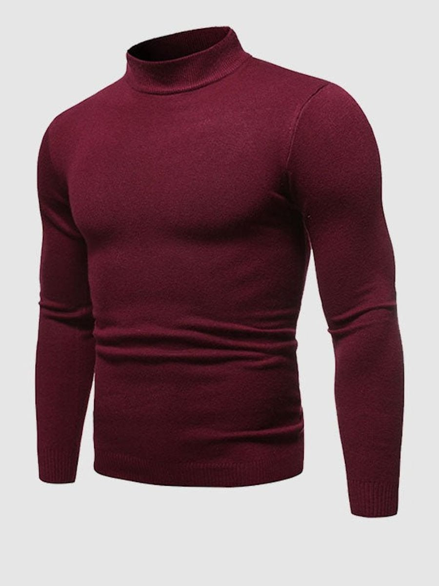 Burgundy slim-fit turtleneck jumper with ribbed neckline, front view