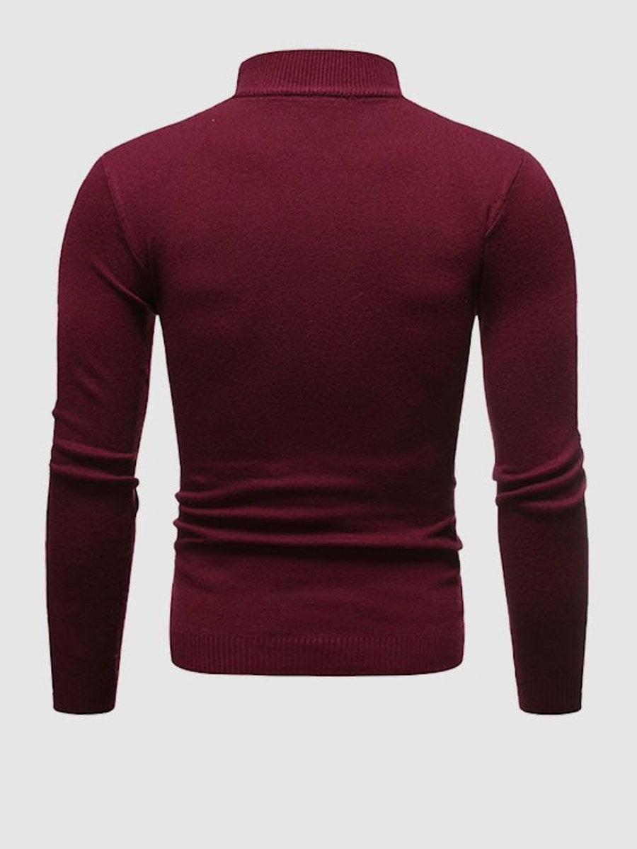 Burgundy knit turtleneck jumper displayed from the back, fitted knit texture