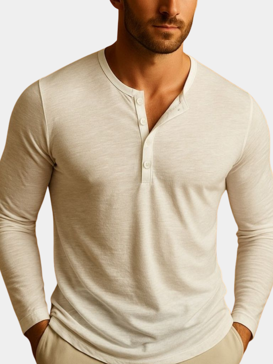 Cream long-sleeve henley shirt with button placket and round neckline