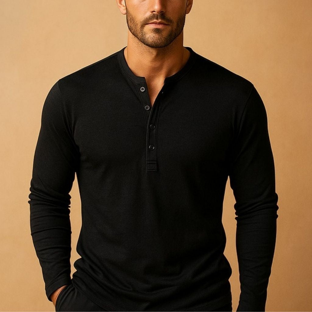 Black long-sleeve henley shirt featuring a classic button-neck design