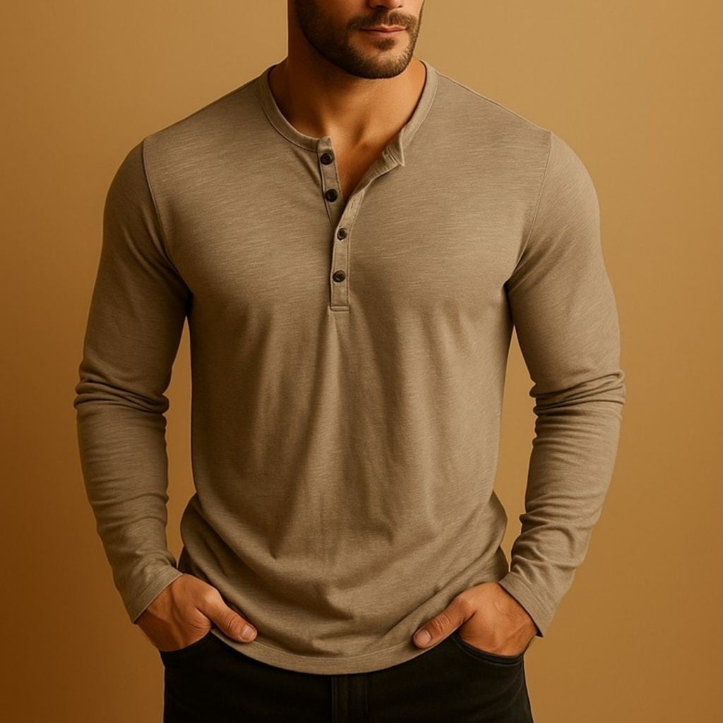 Taupe long-sleeve henley top with subtle button detailing at neck