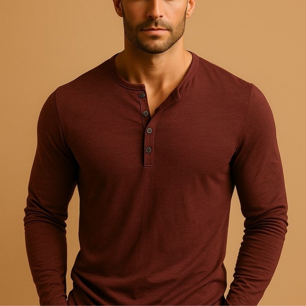 Burgundy henley shirt with long sleeves and four-button placket
