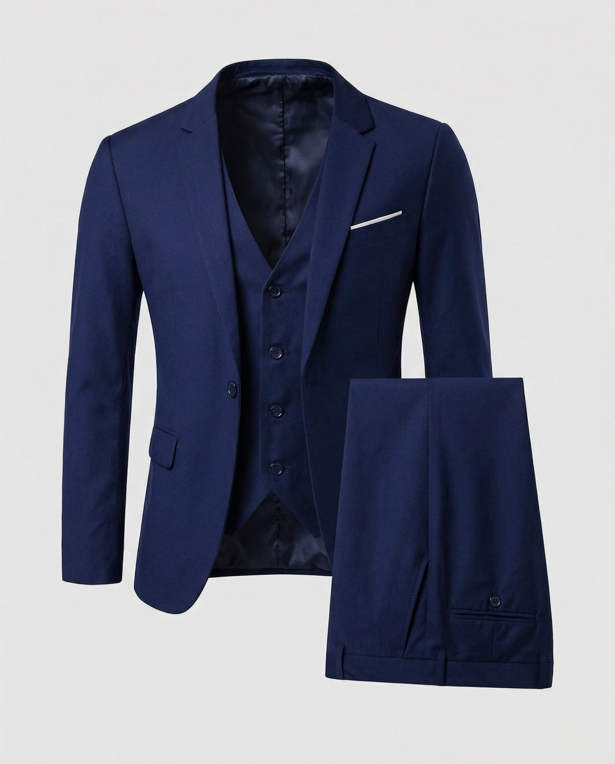 Navy three-piece suit with waistcoat, tie and tailored jacket collar