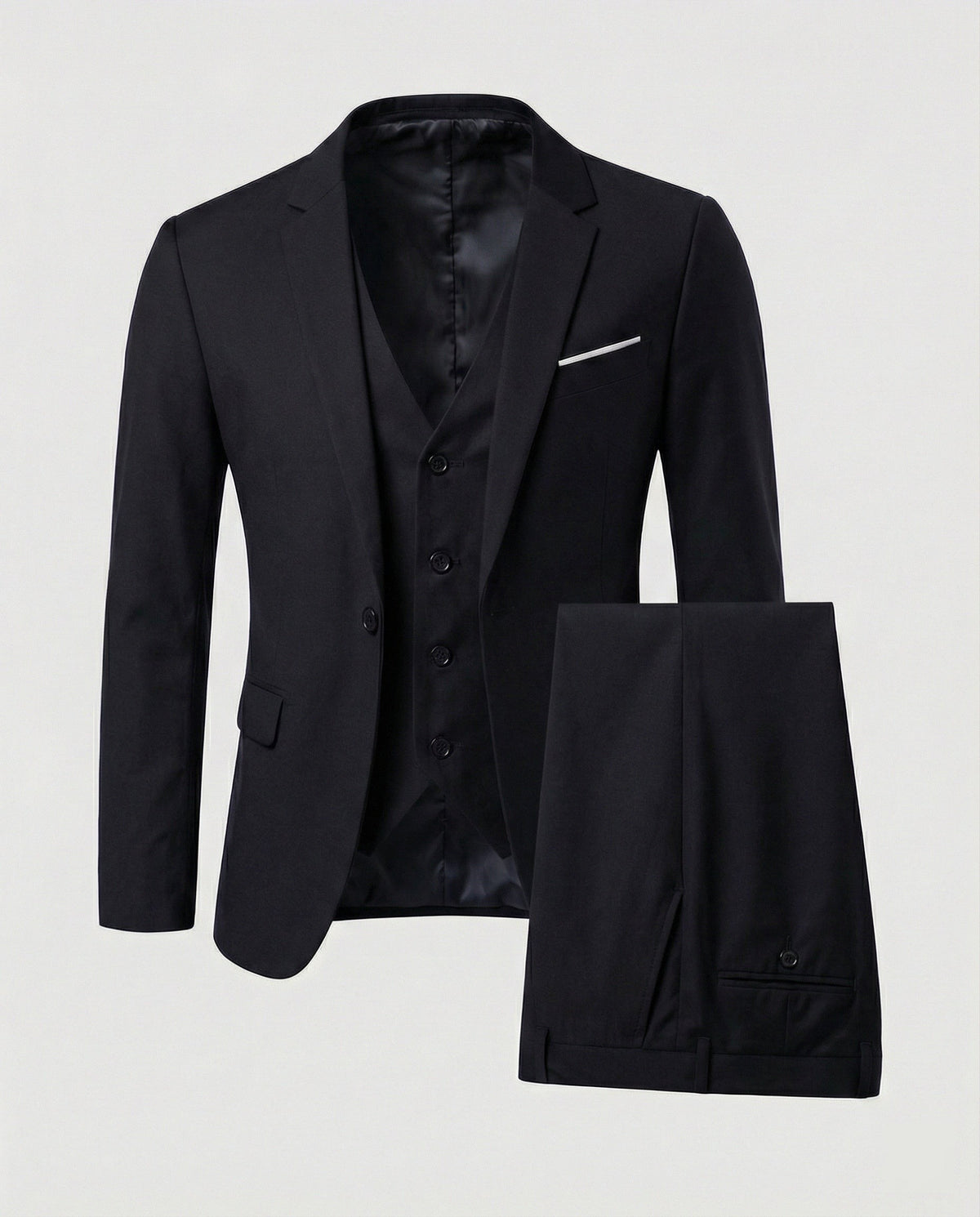 Navy blue three-piece wool blend suit laid flat with satin lining