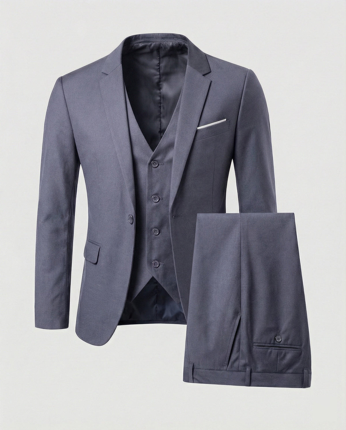 Black three-piece wool blend suit laid flat with pocket square detail