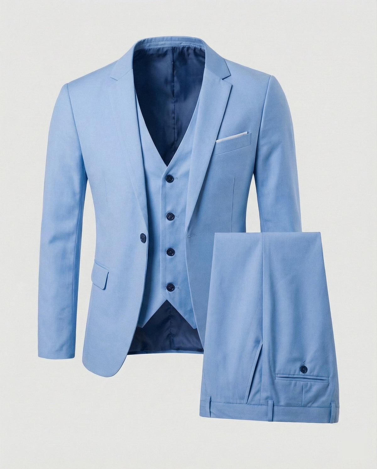 Charcoal grey three-piece wool blend suit laid flat with satin lining
