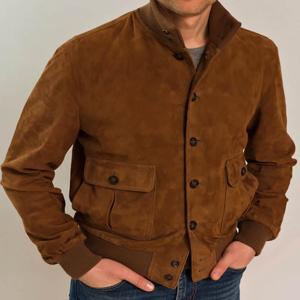 Slim-fit tan suede bomber jacket, button-front fastening with ribbed cuffs
