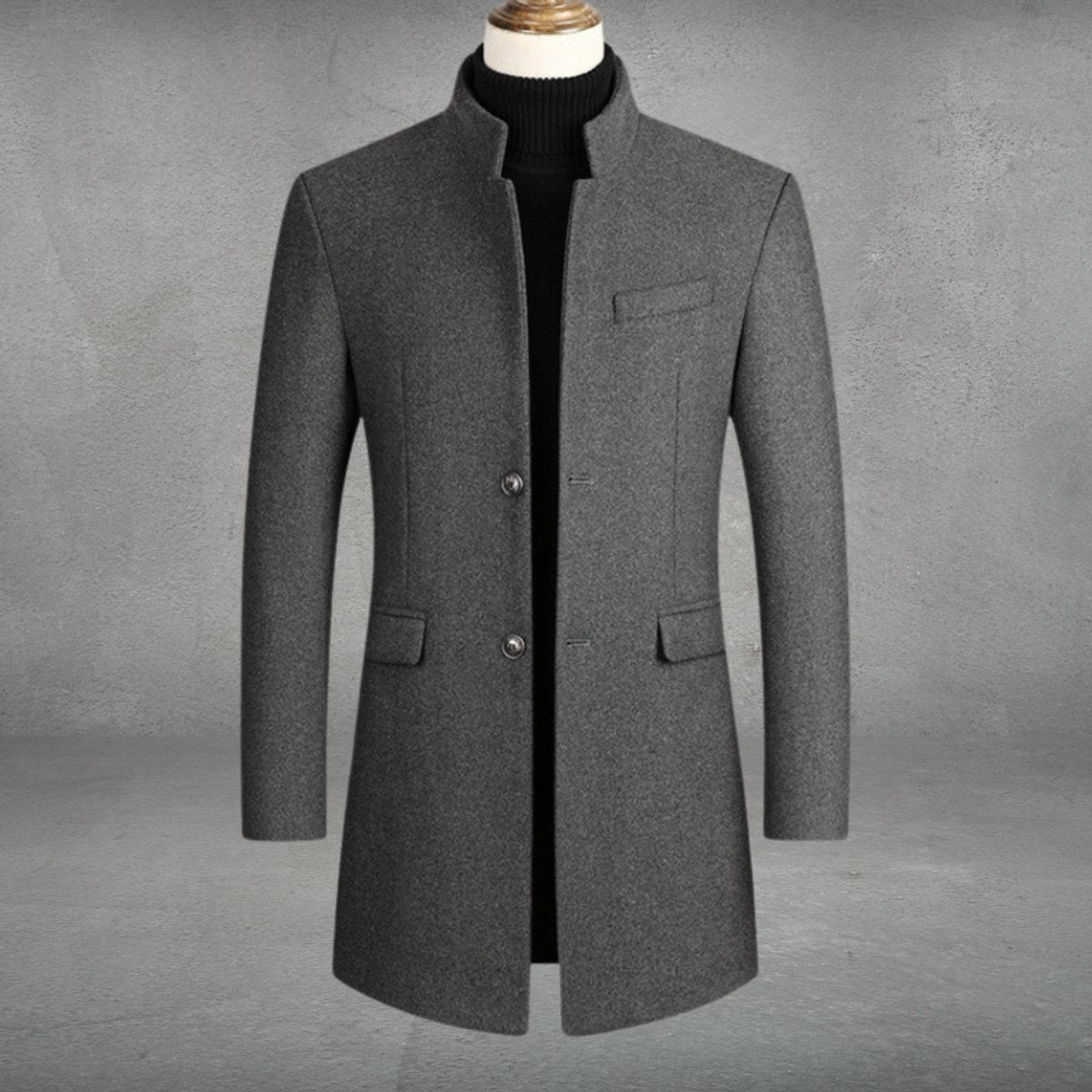 Grey slim-fit wool-blend overcoat with stand collar and buttoned flap pockets