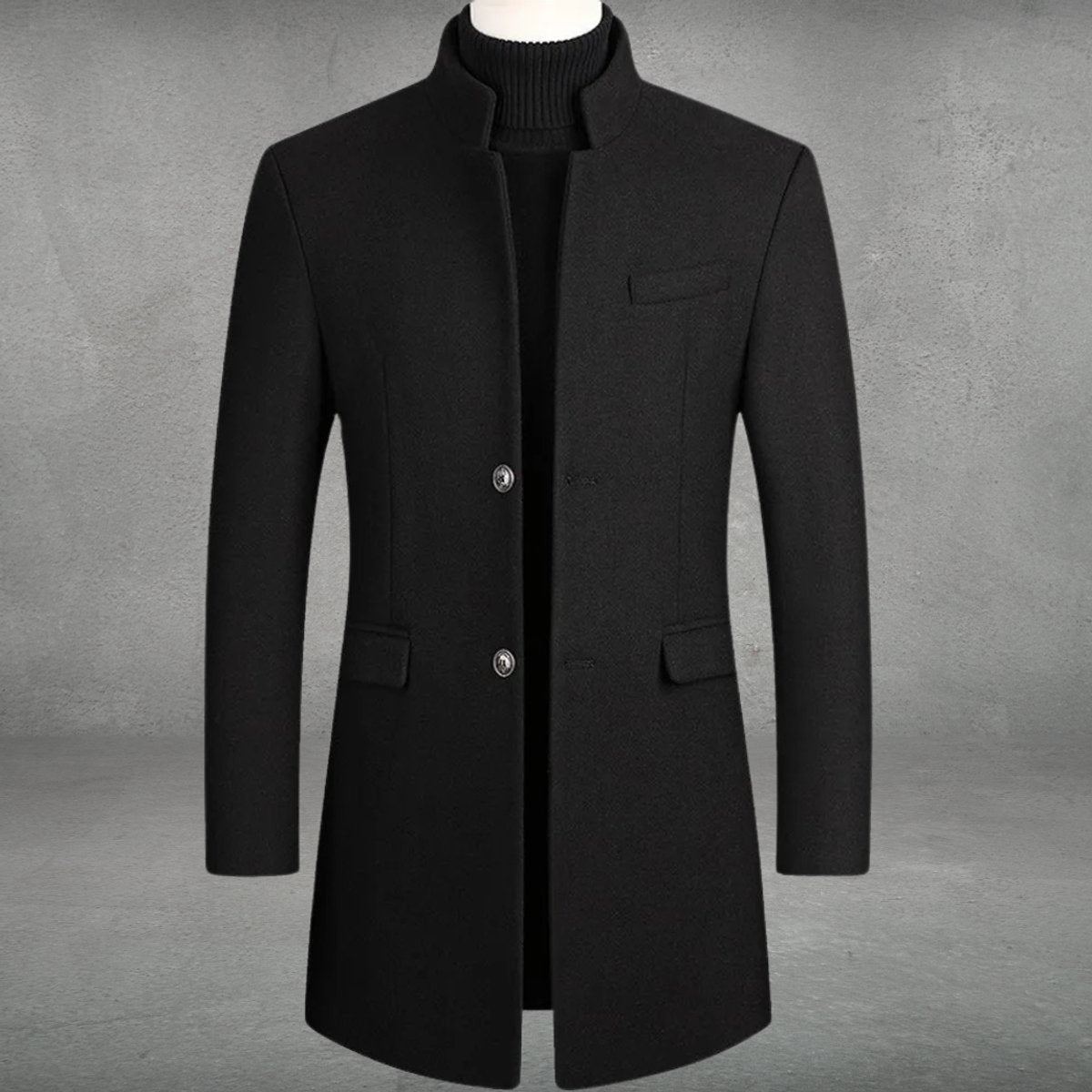 Black slim-fit wool-blend overcoat featuring a mandarin collar and tailored seams