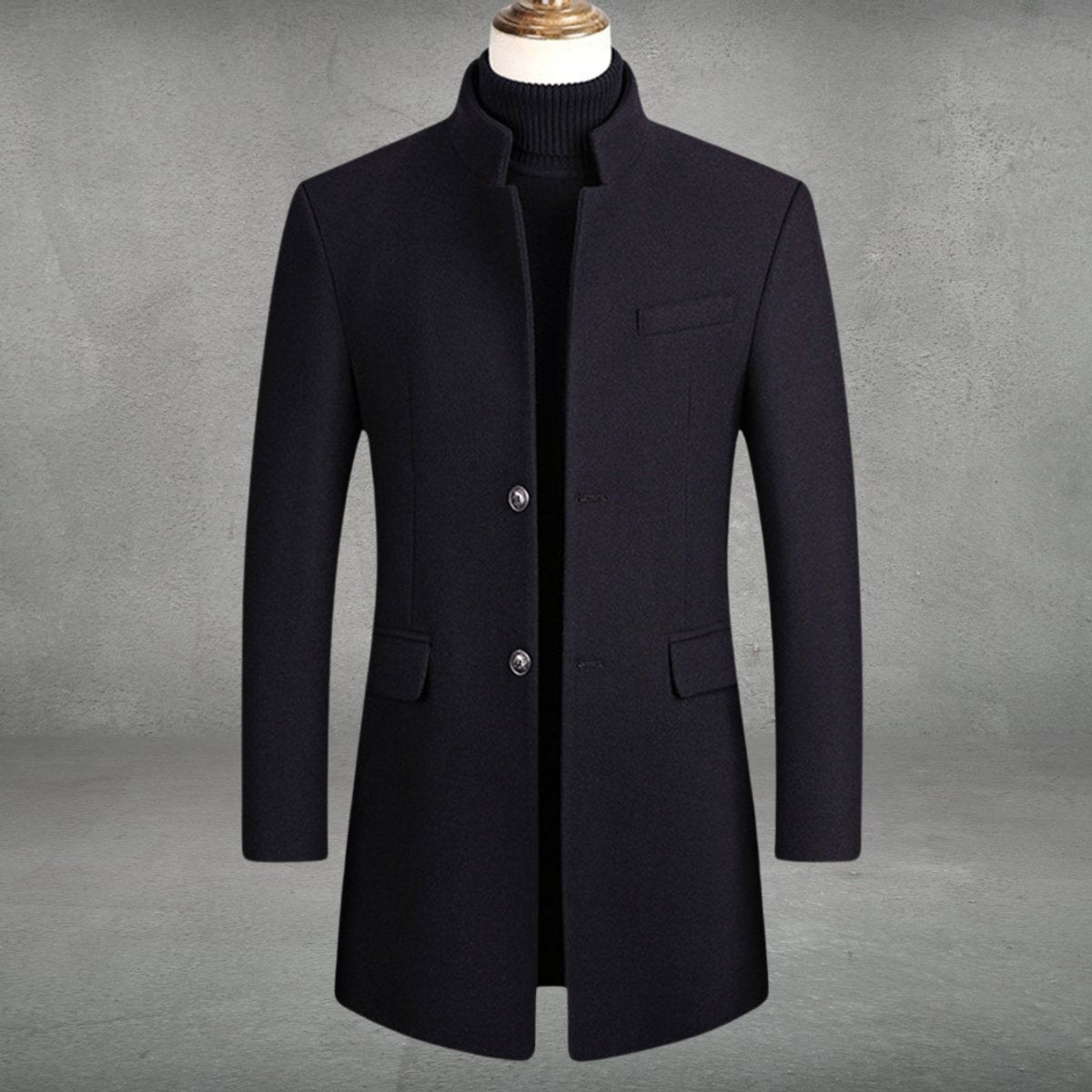 Navy wool-blend overcoat with standing collar, single-breasted button fastening