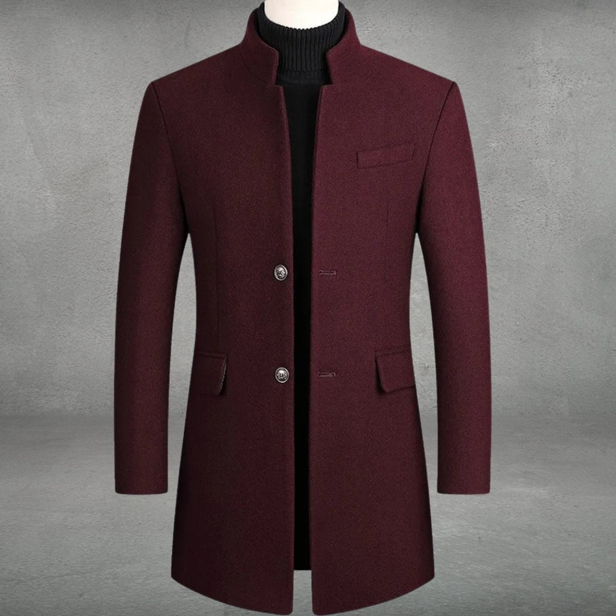 Burgundy slim-fit overcoat with stand collar, worn over a black polo layer