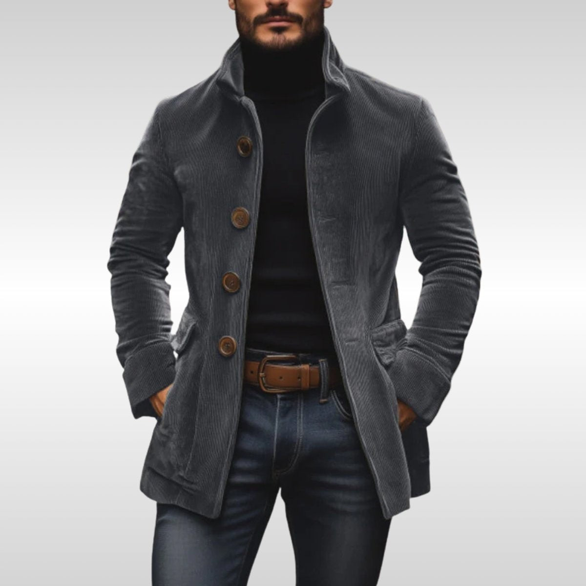 Grey corduroy stand-collar overcoat with wooden buttons and slim fit