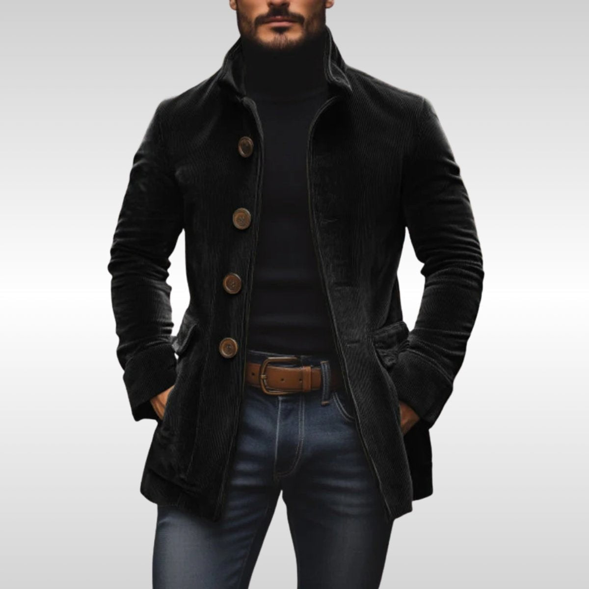 Black corduroy slim-fit jacket featuring stand collar and wooden buttons