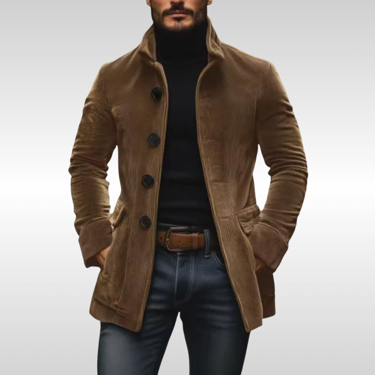 Camel corduroy overcoat with stand collar and dark button detailing