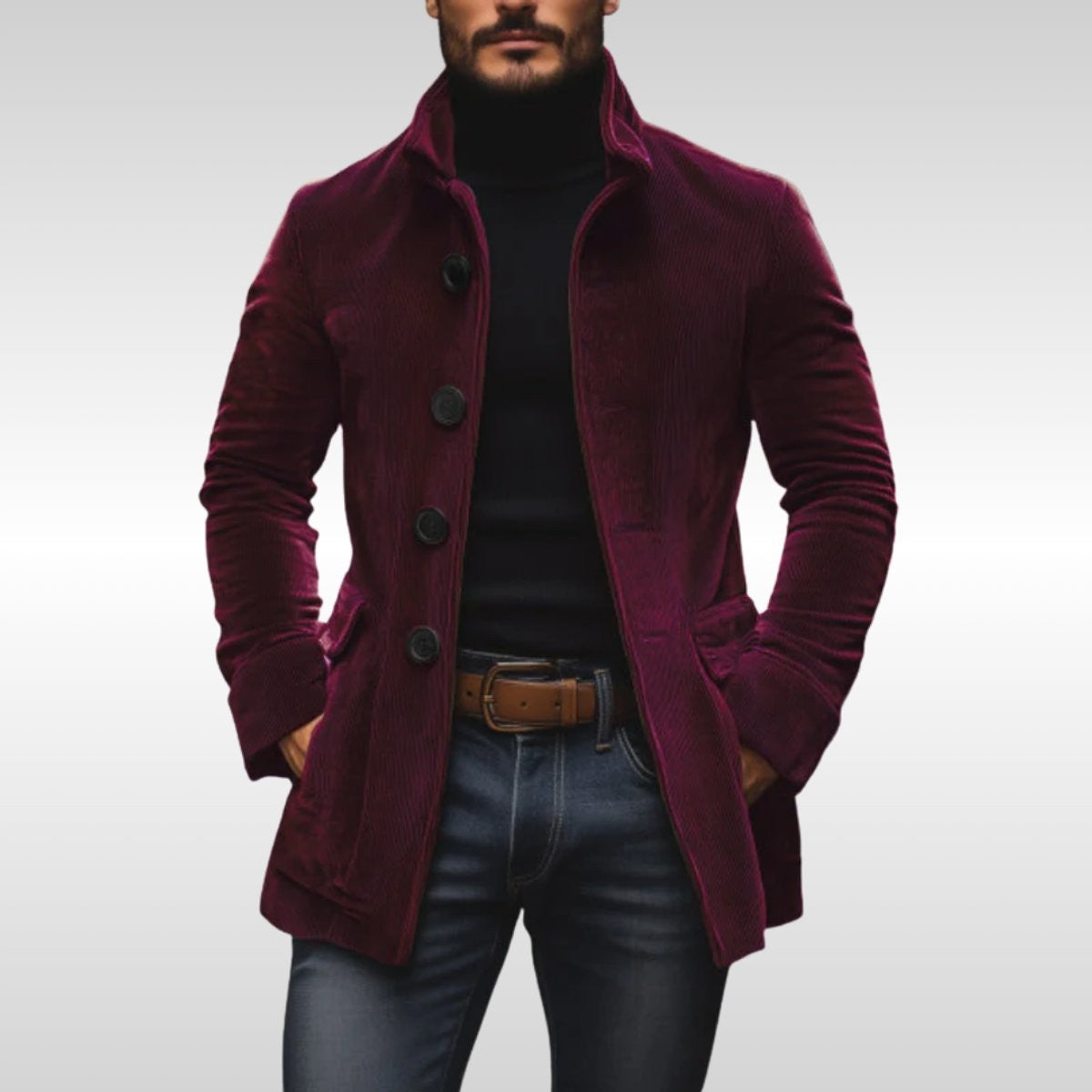 Burgundy corduroy slim-fit jacket with stand collar and wooden buttons