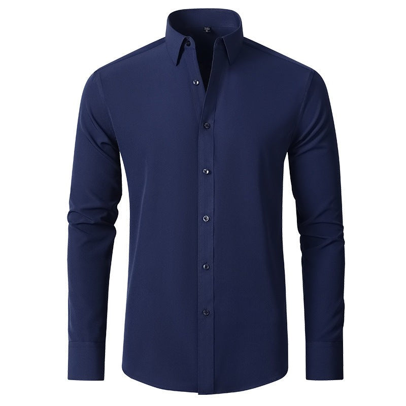 Navy slim-fit stretch shirt with button-down collar, front view