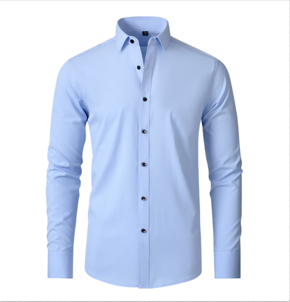 Light blue slim-fit stretch shirt with button-down collar, front view
