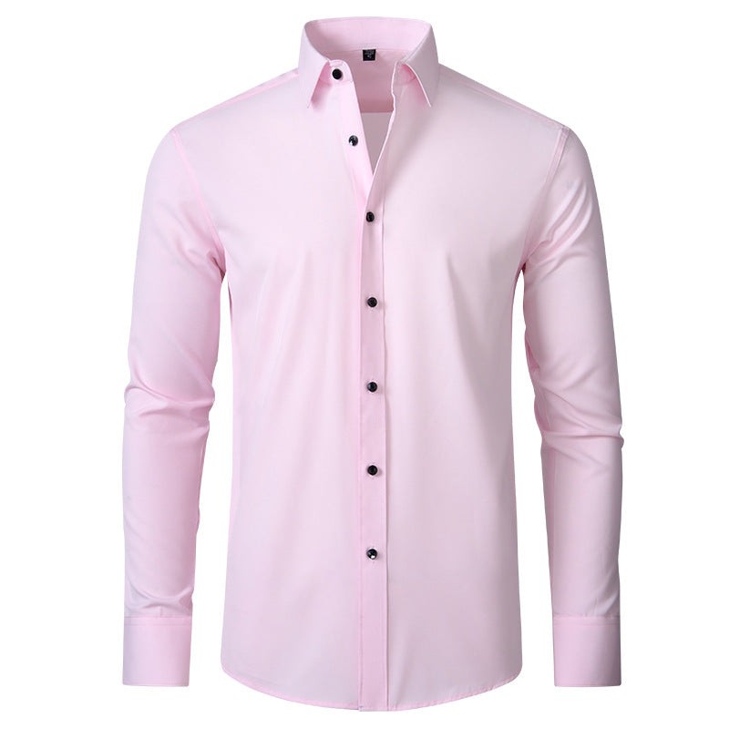 Pale pink slim-fit stretch shirt with black buttons, front view