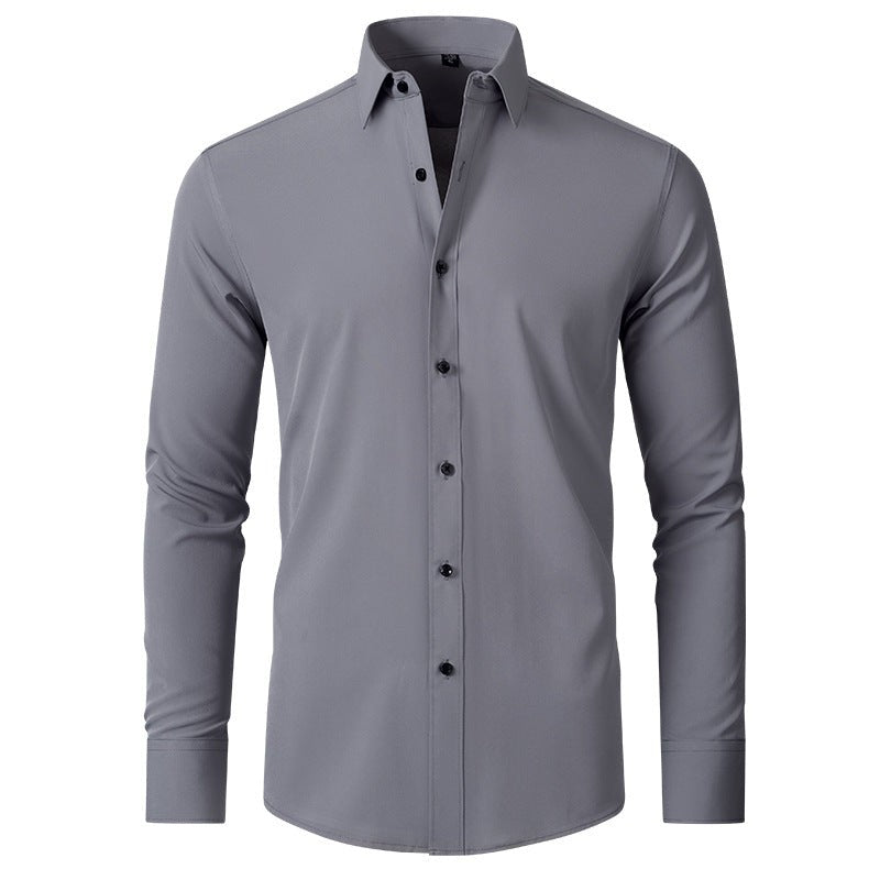 Grey slim-fit stretch dress shirt with classic collar, front view