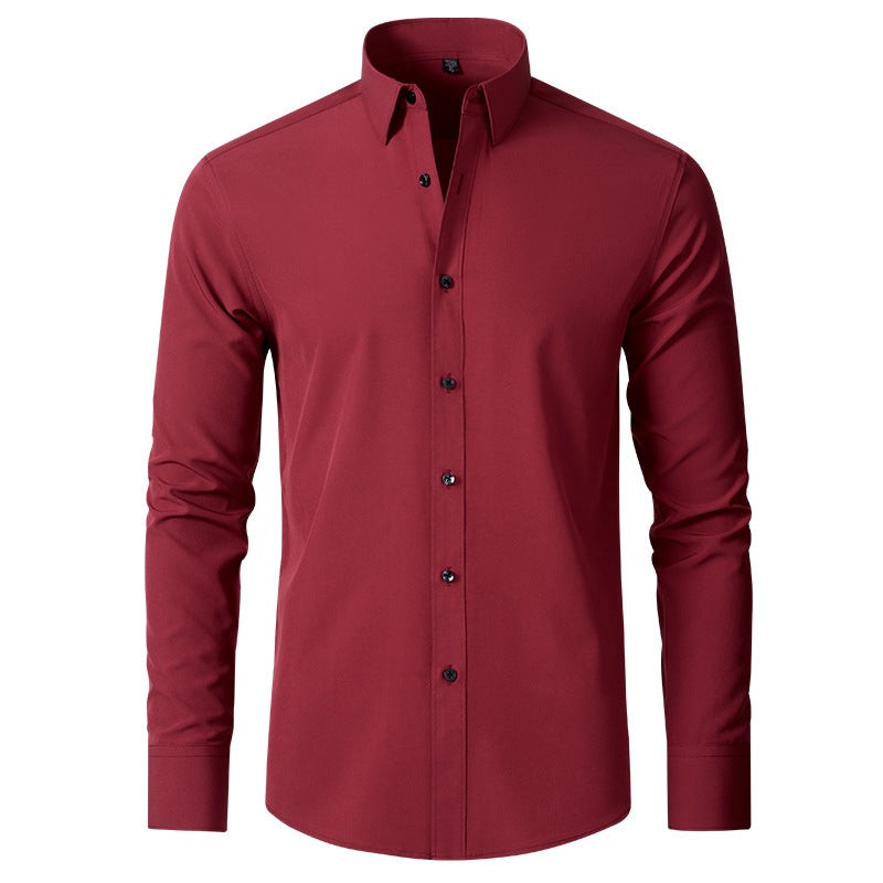 Burgundy slim-fit stretch shirt with dark button fastening