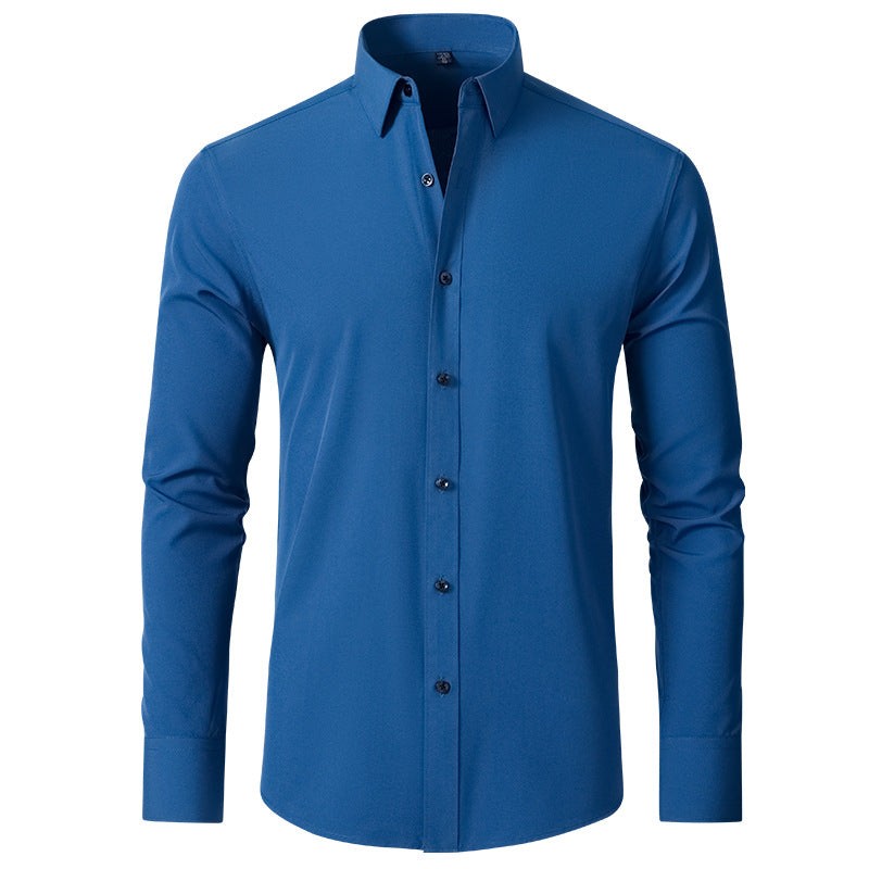 Teal blue slim-fit long-sleeve shirt with classic point collar