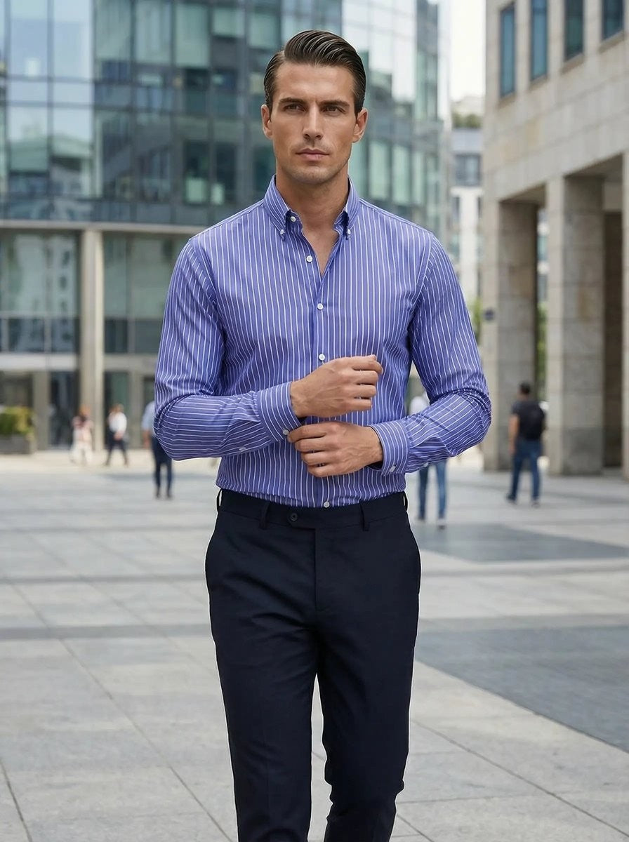 Man wearing blue pinstripe shirt paired with dark navy tailored trousers