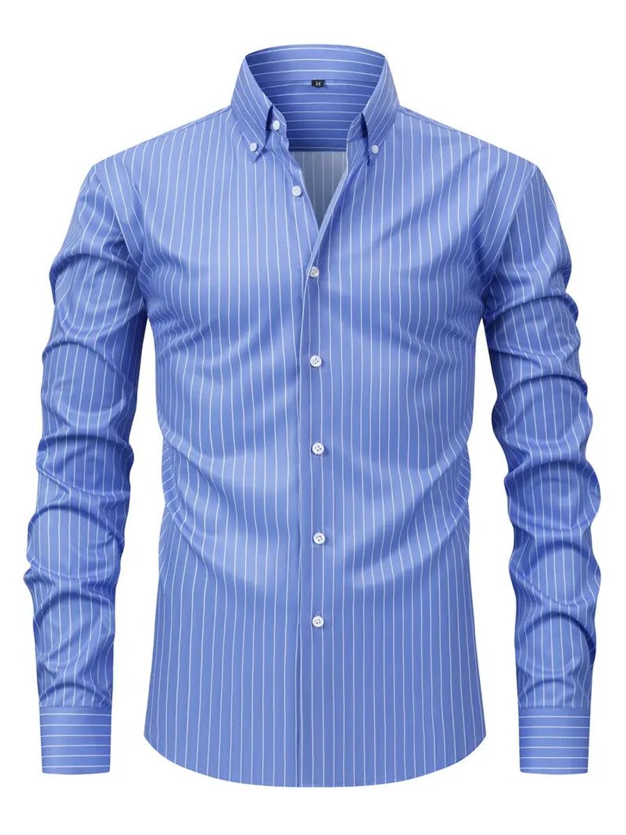 Back view of blue pinstriped shirt highlighting slim tailored cut