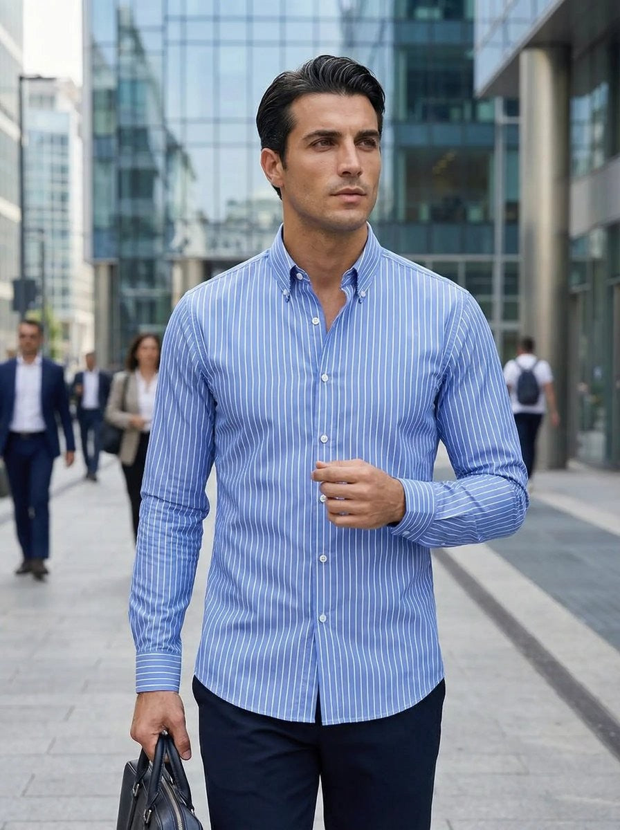 Light blue men's striped shirt with button-down collar and long sleeves