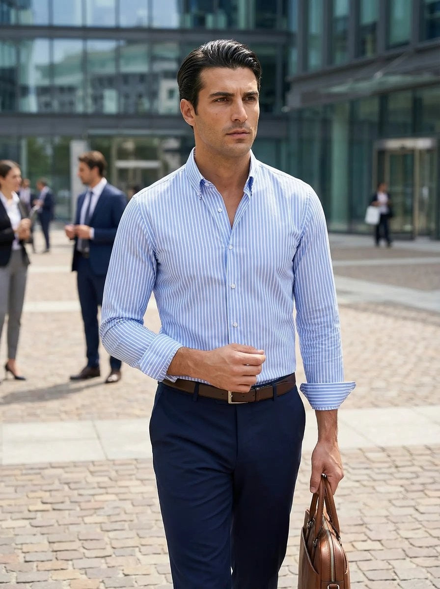 Man wearing pale blue striped shirt tucked into navy trousers outdoors