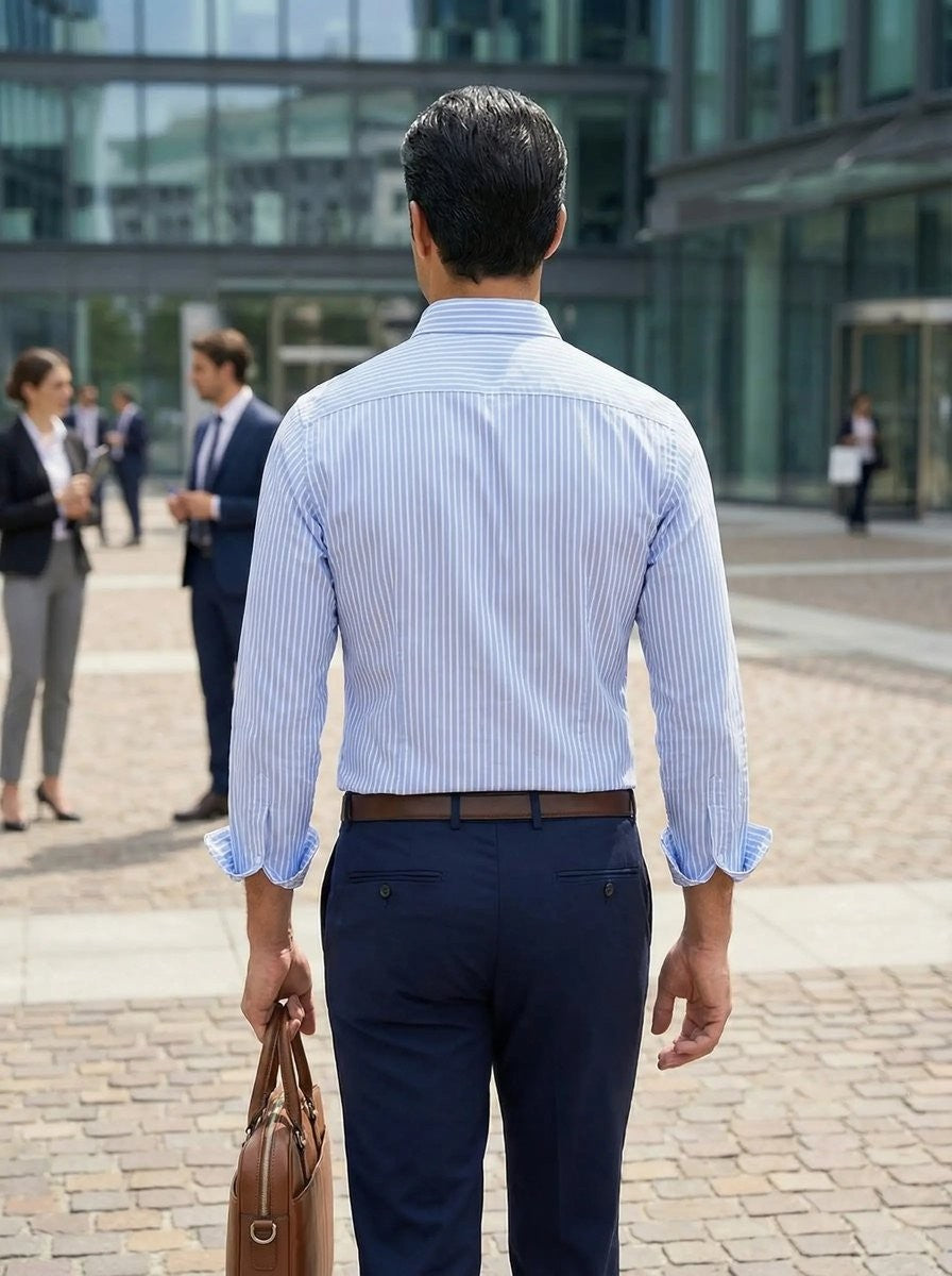 Rear view of pale blue striped button-down shirt with rolled cuffs