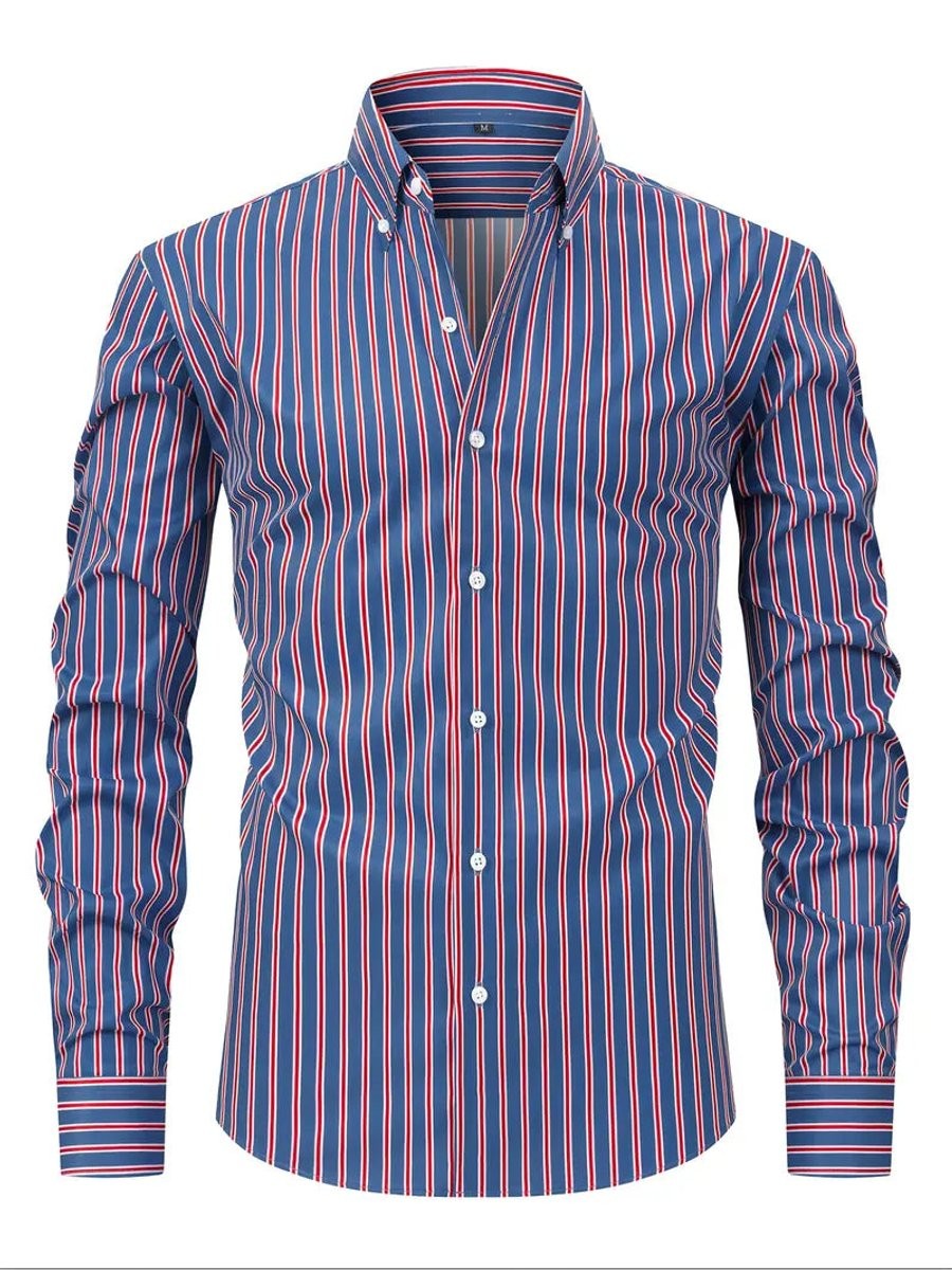 Men's navy shirt with red and white pinstripes and button-down collar