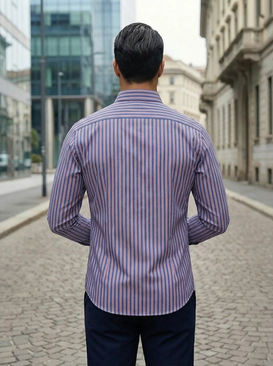 Back view of navy and red pinstripe shirt showing tailored fit