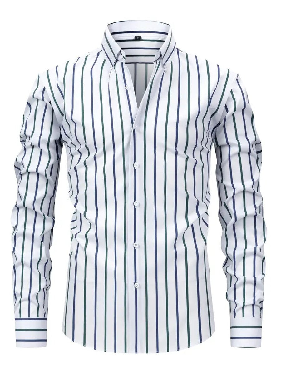 White men's shirt with navy and green vertical stripe pattern
