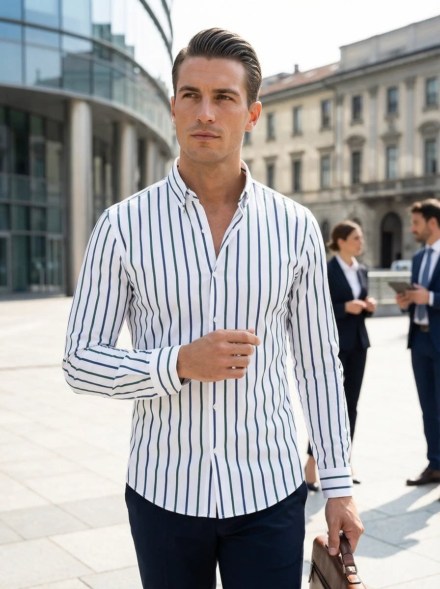 Man wearing white striped shirt with navy trousers in an urban courtyard