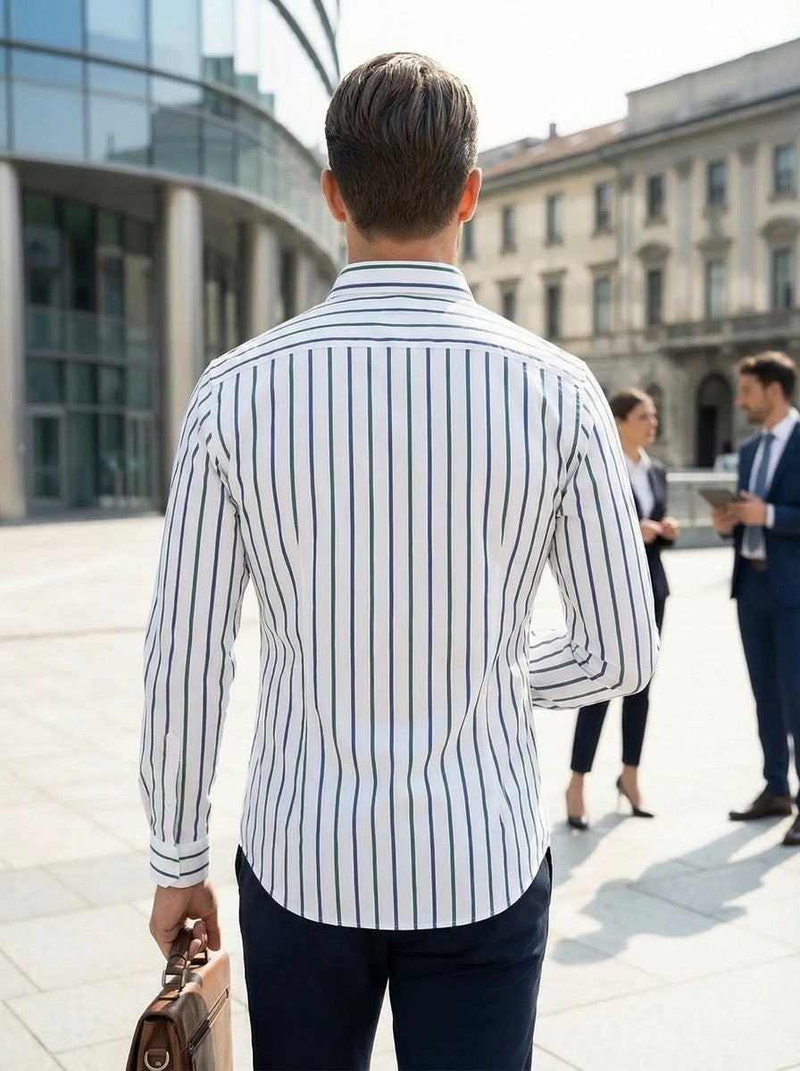 Rear view of white shirt with navy and green stripes and button collar