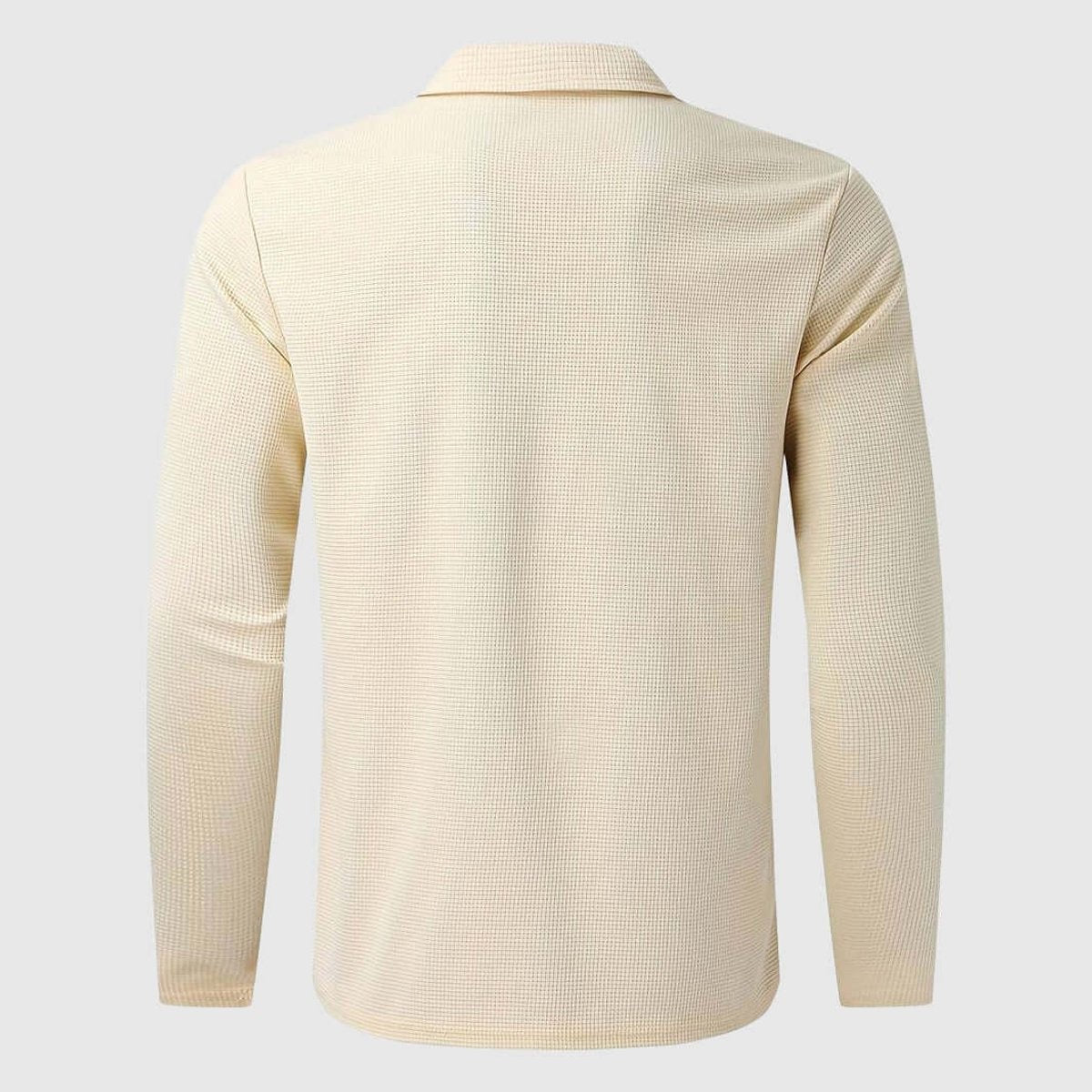 Rear view of beige waffle-knit collared jacket showing long sleeves and hem