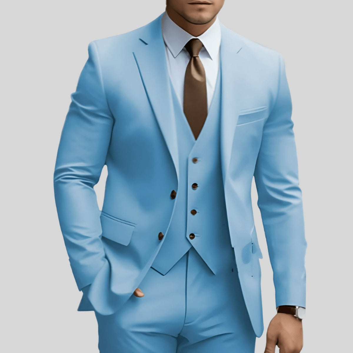 Sky blue three-piece suit with notch lapel blazer and waistcoat