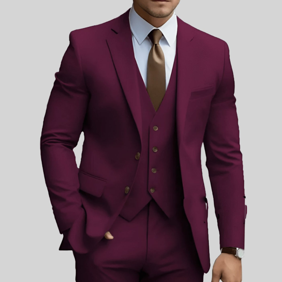 Burgundy three-piece suit with notch lapel and waistcoat