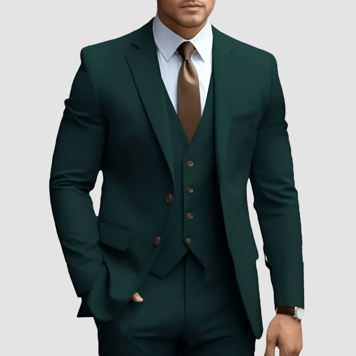 Dark green slim-fit formal suit with tailored waistcoat