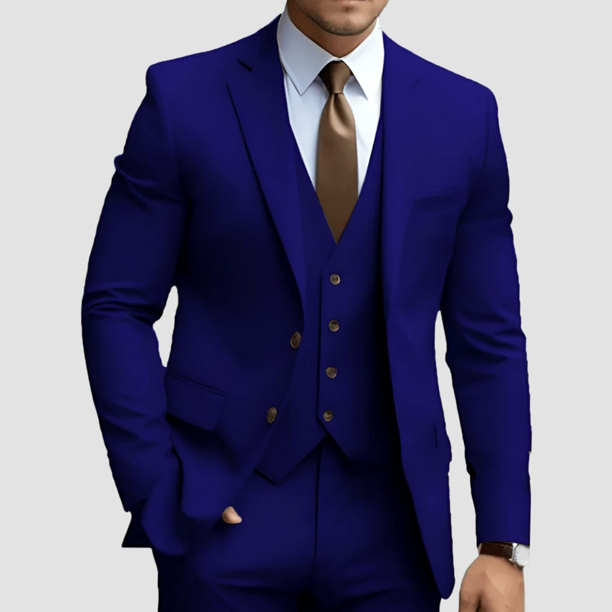 Royal blue slim-fit three-piece suit with tan tie detail