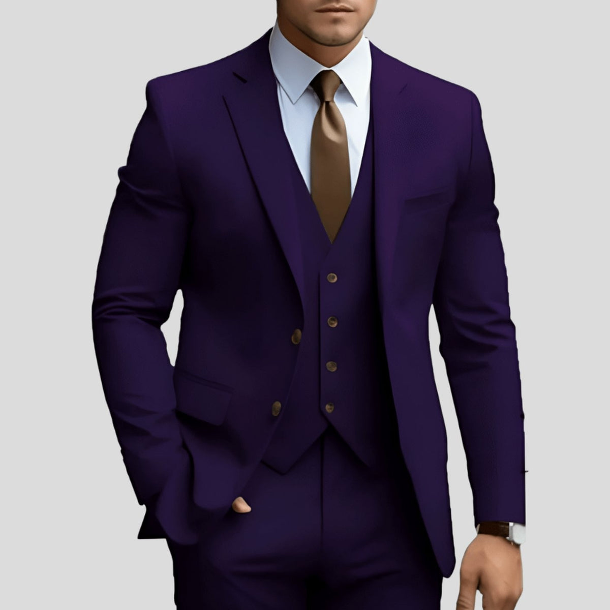 Deep purple slim-fit suit set with waistcoat and notch lapel