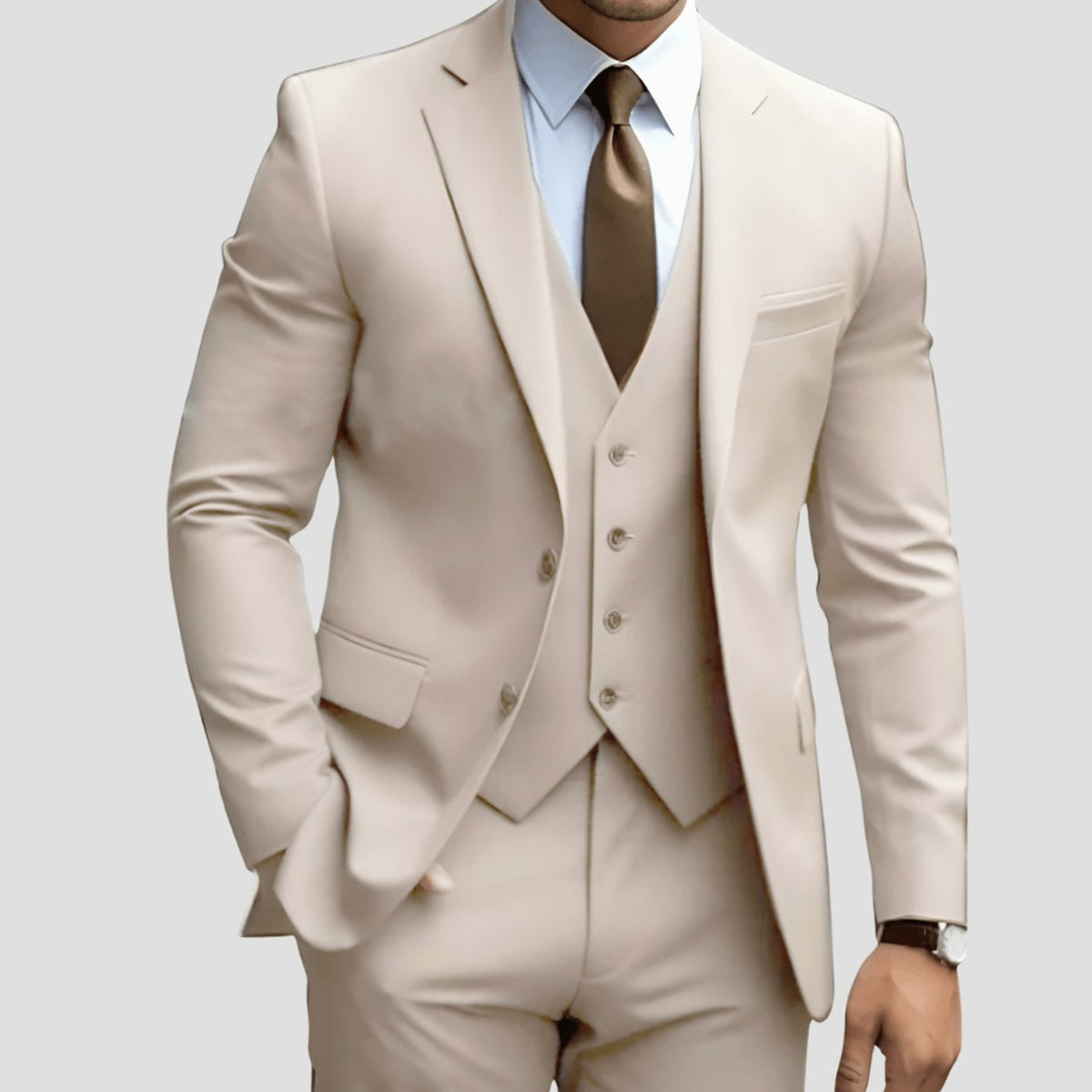 Ivory slim-fit three-piece suit with notch lapel blazer