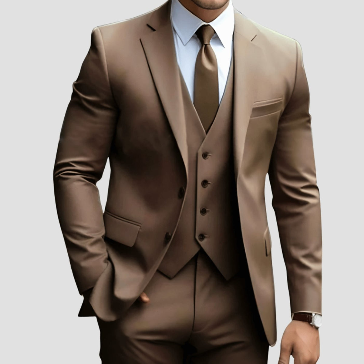 Camel-toned three-piece suit with tailored waistcoat and blazer