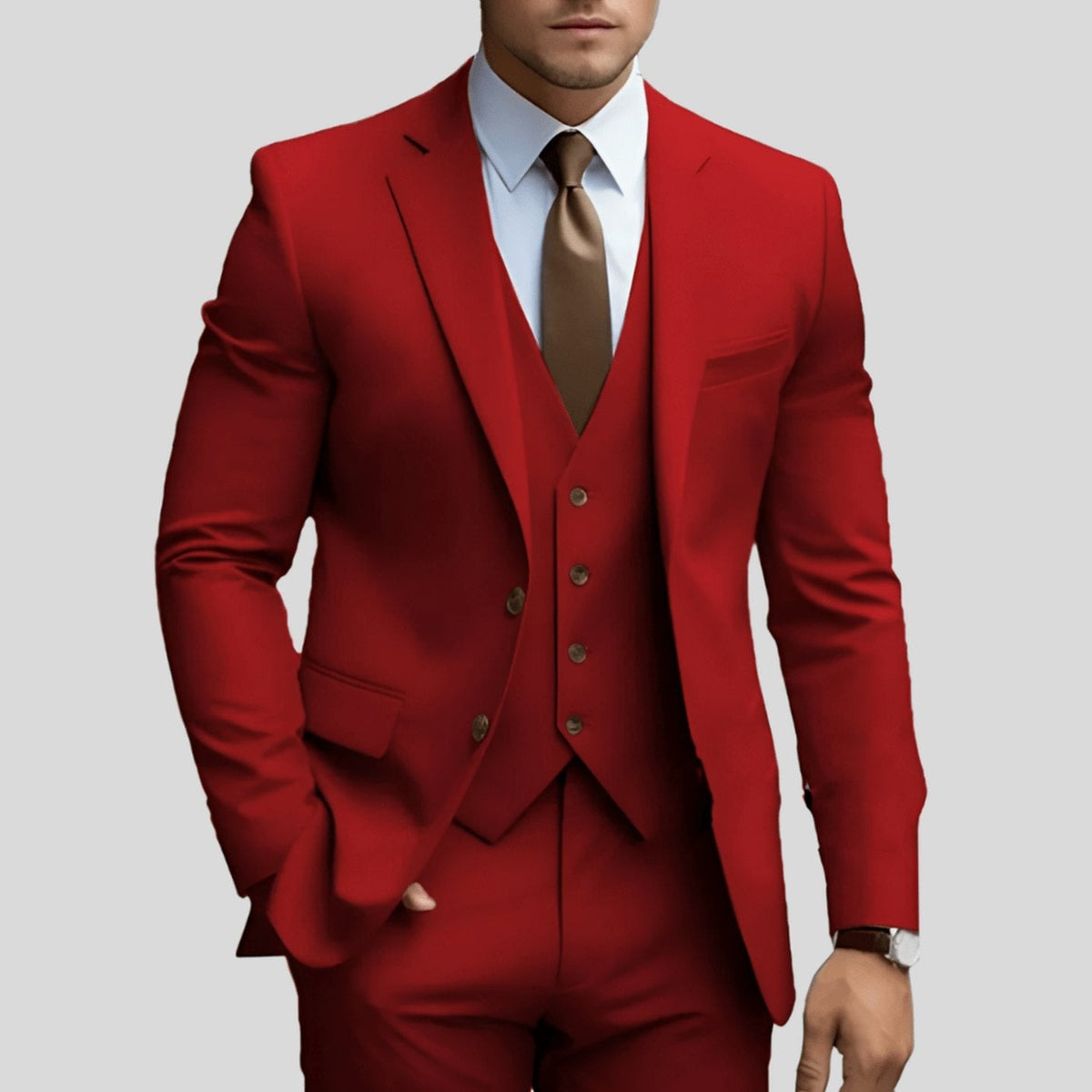 Bold red three-piece formal suit with tan tie styling