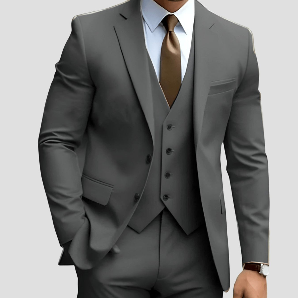 Charcoal grey slim-fit suit set with tailored waistcoat