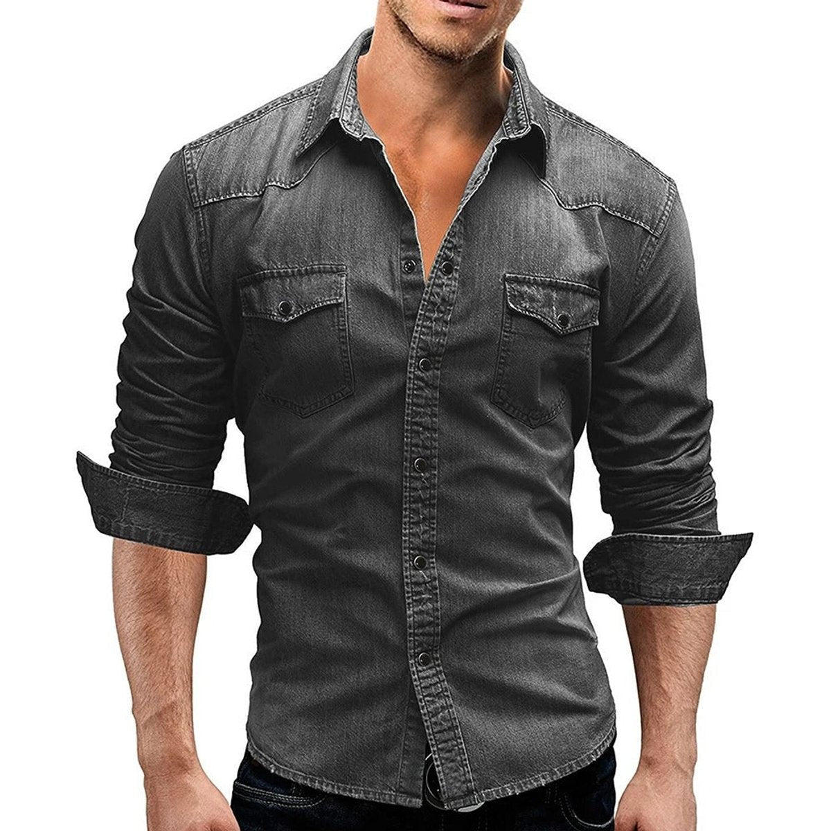 Grey washed denim button-front shirt with western-style yoke and chest pockets